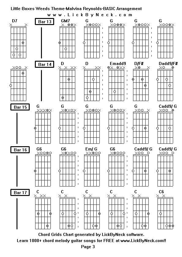 Chord Grids Chart of chord melody fingerstyle guitar song-Little Boxes Weeds Theme-Malvina Reynolds-BASIC Arrangement,generated by LickByNeck software.